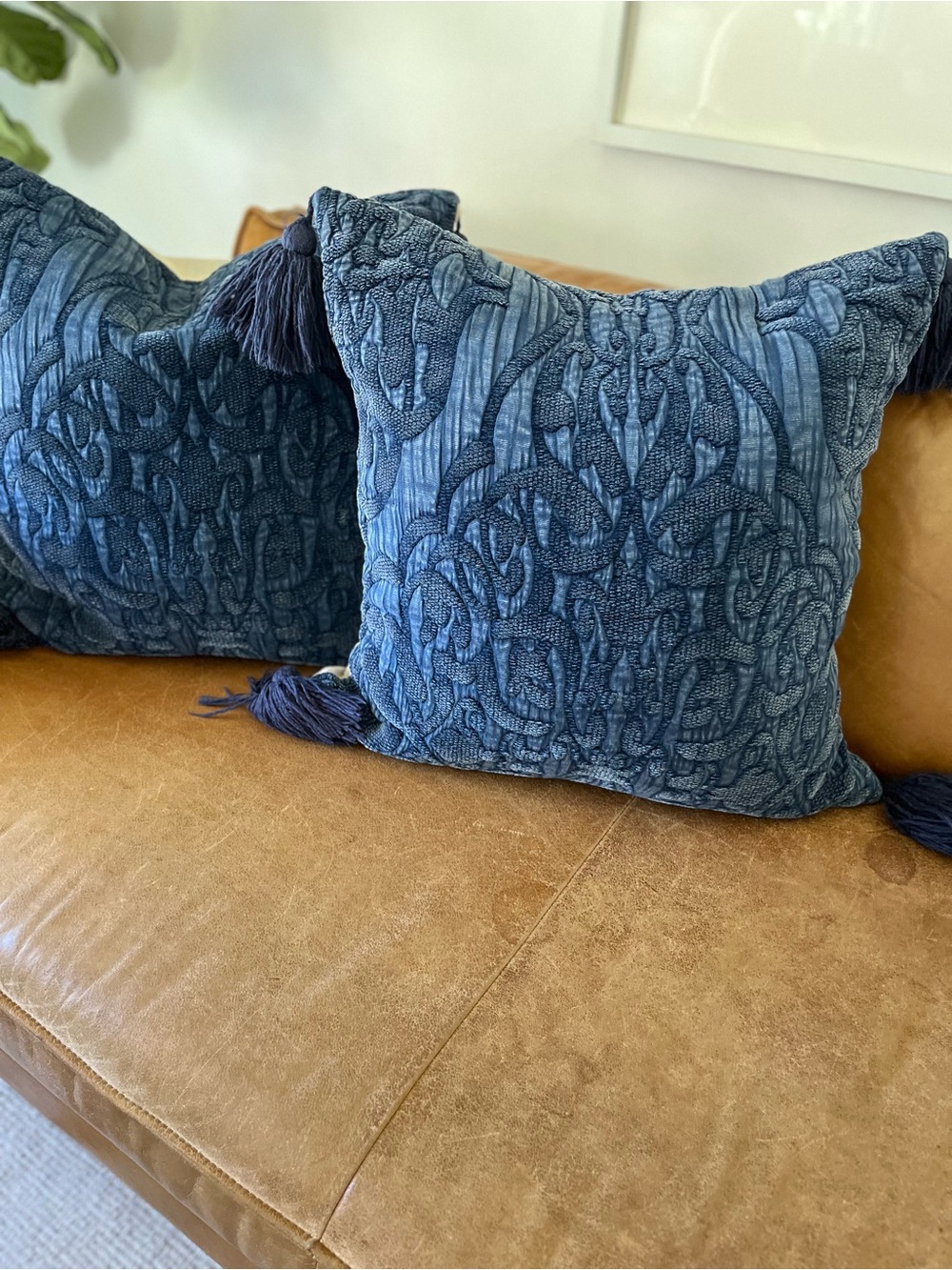 Pair of Pottery Barn Aileen Jacquard Navy Blue Pom Pom Pillow Covers - Picture 3 of 6